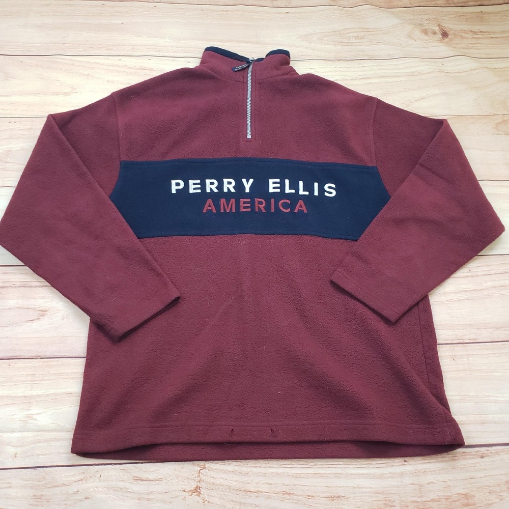 VINTAGE Perry Ellis America Pullover Mens Medium‎ Burgundy Navy Fleece 1/4 Zip